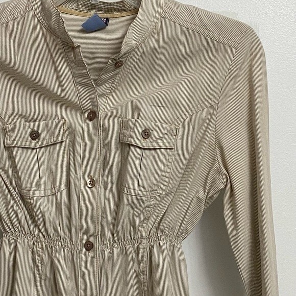 VTG NWOT Zara Button Front Elastic Waist Shirt Size S Tan Stripes Long Sleeves - Picture 5 of 11